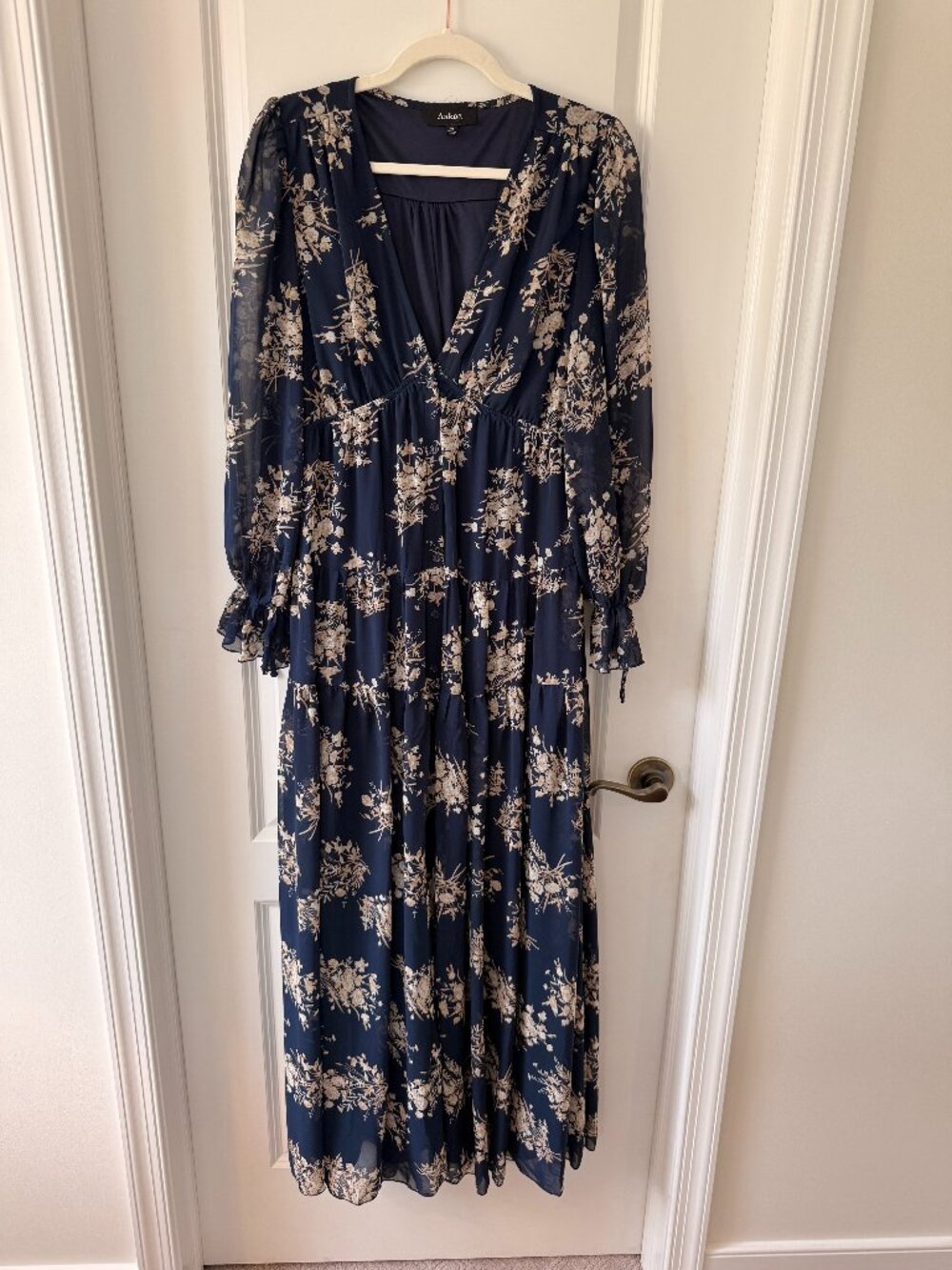 Aakaa Navy Blue Maxi Floral V-Neck Dress